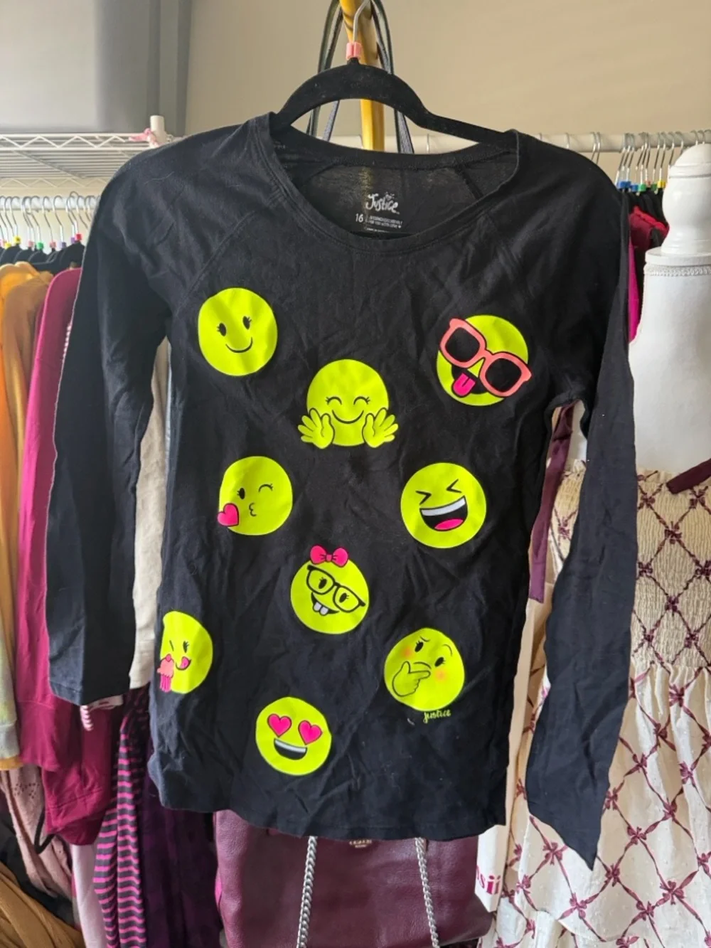 justice Girls Black Emoji Long Sleeve Tee size 16